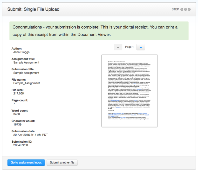 Screenshot of completed single file submission